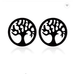 Mini Black Full Tree in Circle Stud Earrings